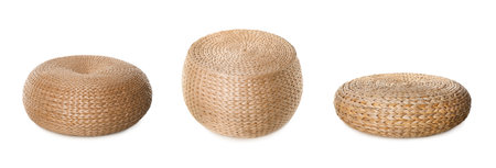 Straw poufs isolated on white, collage. Interior elementの写真素材