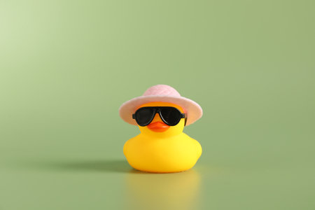 Cute rubber duck in sunglasses and hat on green backgroundの写真素材
