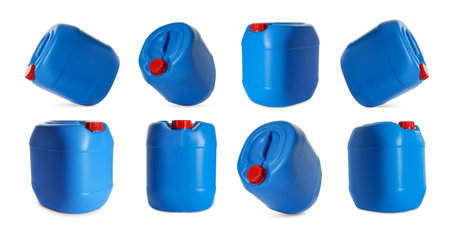 Plastic canister on white background, collage. View from different sides