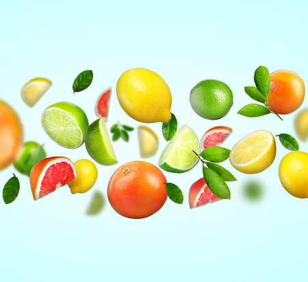 Different fresh citrus fruits and green leaves in air on light blue backgroundの写真素材