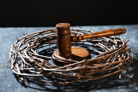 Crown of thorns and judge's gavel on dark textured background, closeupの写真素材