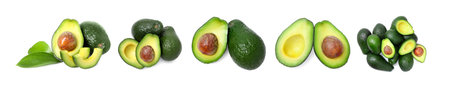 Fresh avocado fruits isolated on white, set
