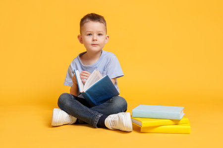 Cute little boy with book on yellow backgroundの写真素材
