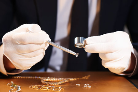 Appraiser with loupe evaluating luxury gemstone at table, closeup