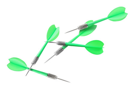 Green darts in air on white background