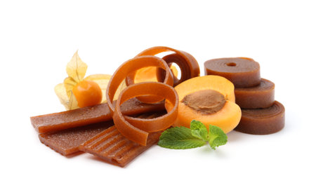 Tasty fruit leather, apricot and physalis isolated on white