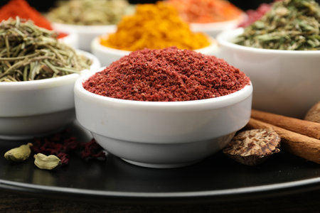 Many different aromatic spices on table, closeupの写真素材