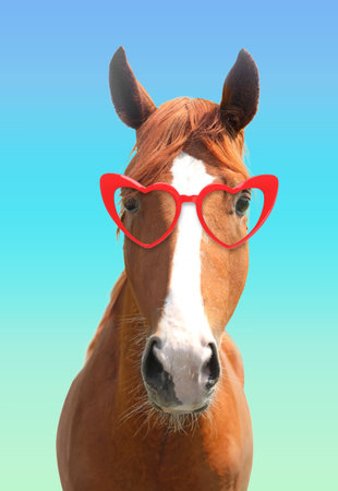 Cute horse with heart-shaped sunglasses against blue gradient backgroundの写真素材