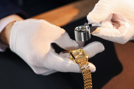 Appraiser with loupe evaluating luxury wristwatch at table, closeupの写真素材