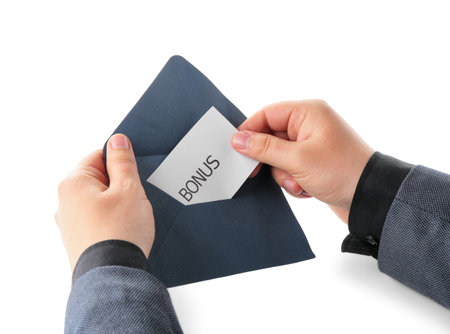Man holding envelope with word Bonus on white background, closeupの写真素材