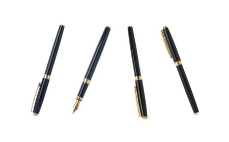 Fountain pen isolated on white, collage. Stationery
