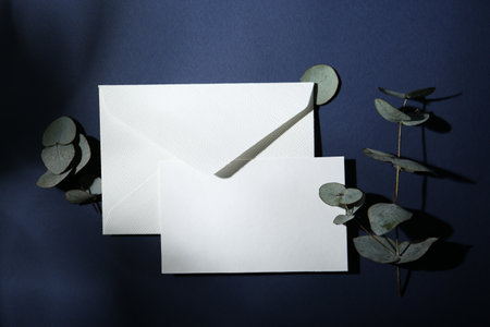 Blank greeting card, envelope and eucalyptus leaves on dark blue background, top viewの写真素材