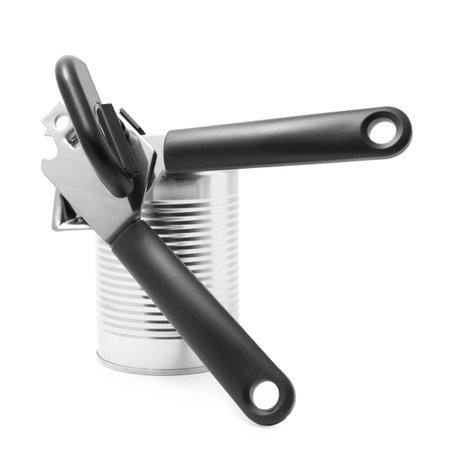 Can opener and tin isolated on whiteの写真素材