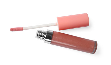 Beautiful lip gloss isolated on white, top viewの写真素材