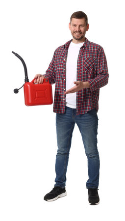 Man holding plastic canister on white backgroundの写真素材