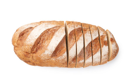 Cut loaf of bread isolated on white, top viewの写真素材