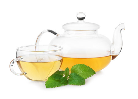Aromatic lemon balm tea in glass cup, teapot and fresh leaves isolated on whiteの写真素材