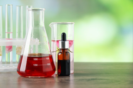 Making luxury perfume. Essential oils in glassware and flowers on wooden table against blurred background, closeup. Space for textの写真素材