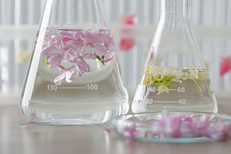 Making luxury perfume. Essential oils in glassware and flowers on light wooden table, closeupの写真素材