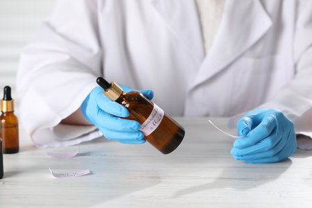 Professional perfumer developing luxury perfume at white wooden table in laboratory, closeupの写真素材