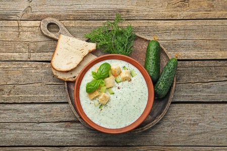 Tasty cucumber soup with croutons, basil, bread and vegetables on wooden table, flat layの写真素材