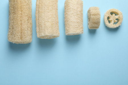 Natural loofah sponges on light blue background, flat lay. Space for text