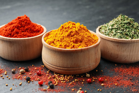Different aromatic spices on black table, closeupの写真素材