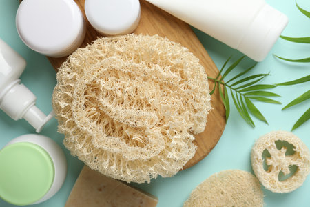 Natural loofah sponges, cosmetic products and green twigs on light blue background, flat layの写真素材