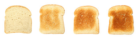 Bread slices in different degrees of toast on white background, collageの写真素材