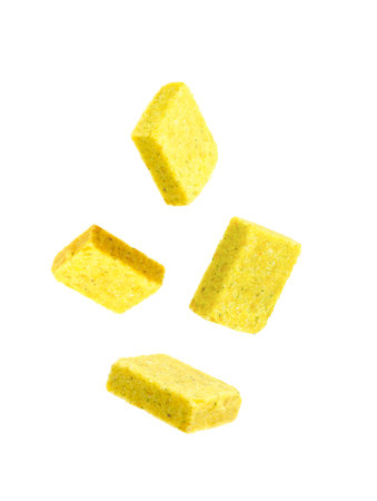Bouillon cubes in air on white backgroundの写真素材