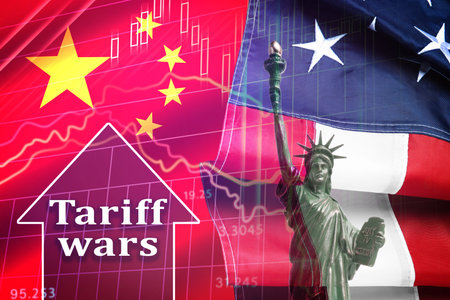 Tariff wars. Statue of Liberty, national flags of America and China, graph and arrow. Double exposureの写真素材