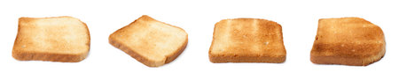 Bread slices in different degrees of toast on white background, collage