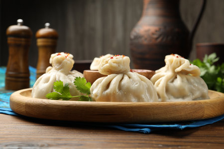 Delicious khinkali served with sauce on wooden table, closeupの写真素材