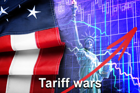Tariff wars. National flag of America, red arrow, statue of Liberty and graphs. Double exposureの写真素材