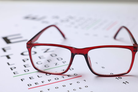 Glasses on vision test charts as background, closeup