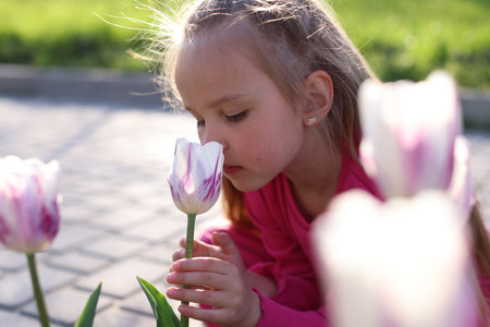 Cute little girl smelling beautiful pink tulip outdoorsの写真素材