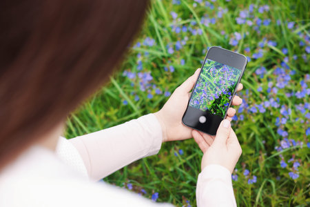 Woman using plant recognition application on smartphone outdoors, closeup