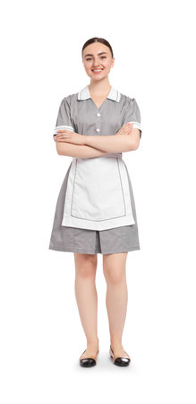 Full-length portrait of happy chambermaid on white backgroundの写真素材