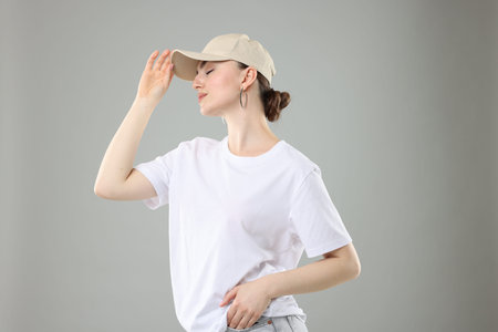 Beautiful woman in stylish baseball hat on grey background