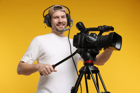 Man with professional video camera and headset on orange background