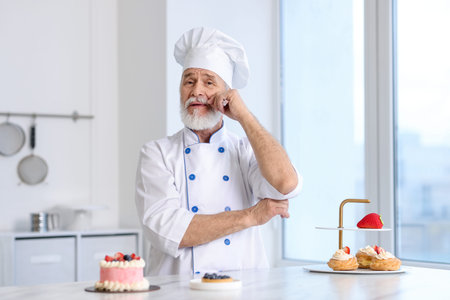 Elderly pastry chef at table with desserts in kitchenの写真素材