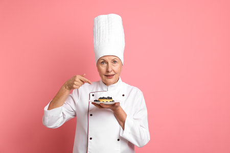 Professional pastry chef pointing at dessert on pink backgroundの写真素材