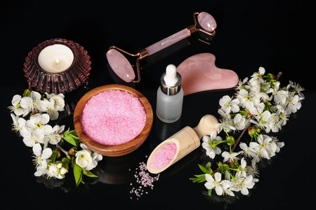 Spa composition with cosmetic products, burning candle and beautiful flowers on black mirror surface, above viewの写真素材