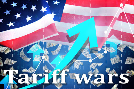 Tariff wars. National flag of America, graph, arrows and falling dollars. Double exposureの写真素材