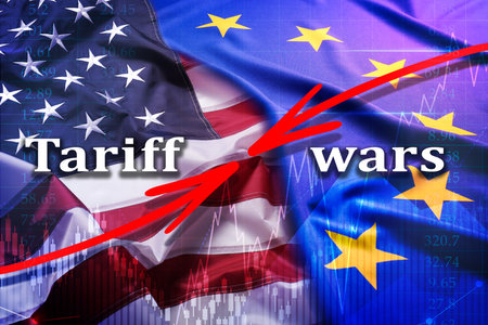 Tariff wars. Flags of America and European Union, graph and arrows. Double exposureの写真素材
