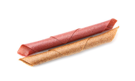 Delicious fruit leather rolls on white background, top viewの写真素材