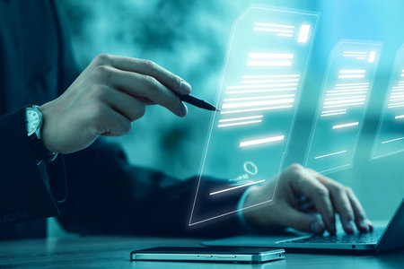 Electronic signature. Man working with stylus pen on virtual screen above laptop, closeupの写真素材