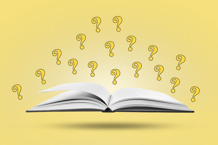 Question marks above open book in air against pale yellow background