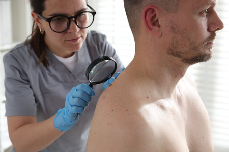 Doctor examining man's moles in hospital, closeupの写真素材