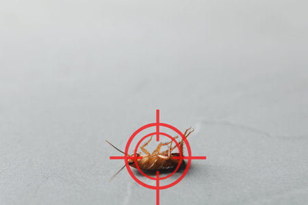 Dead cockroach with red target symbol on grey surface, closeup. Pest control